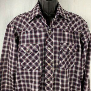 Lariat Western Shirt L Blue Red Plaid Pearl Snap